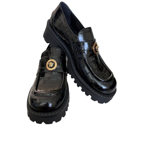 Versace Women’s Black croc-embossed Leather Medusa Mocassino Loafers, sizes - Picture 2 of 16